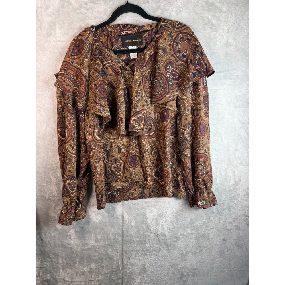 HARRIS WALLACE Blouse Womens 10‎ Brown Paisley Ruffle Neck Long Sleeve Career